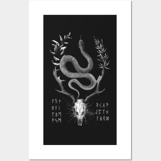 Snake, Deer and Runes in Nordic Style Posters and Art